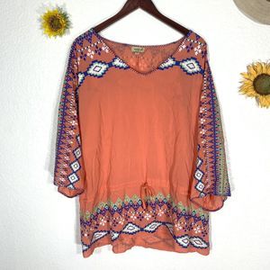 One World Live And Let Live Aztec Tribal Boho Hippy Blouse Size Large Women’s